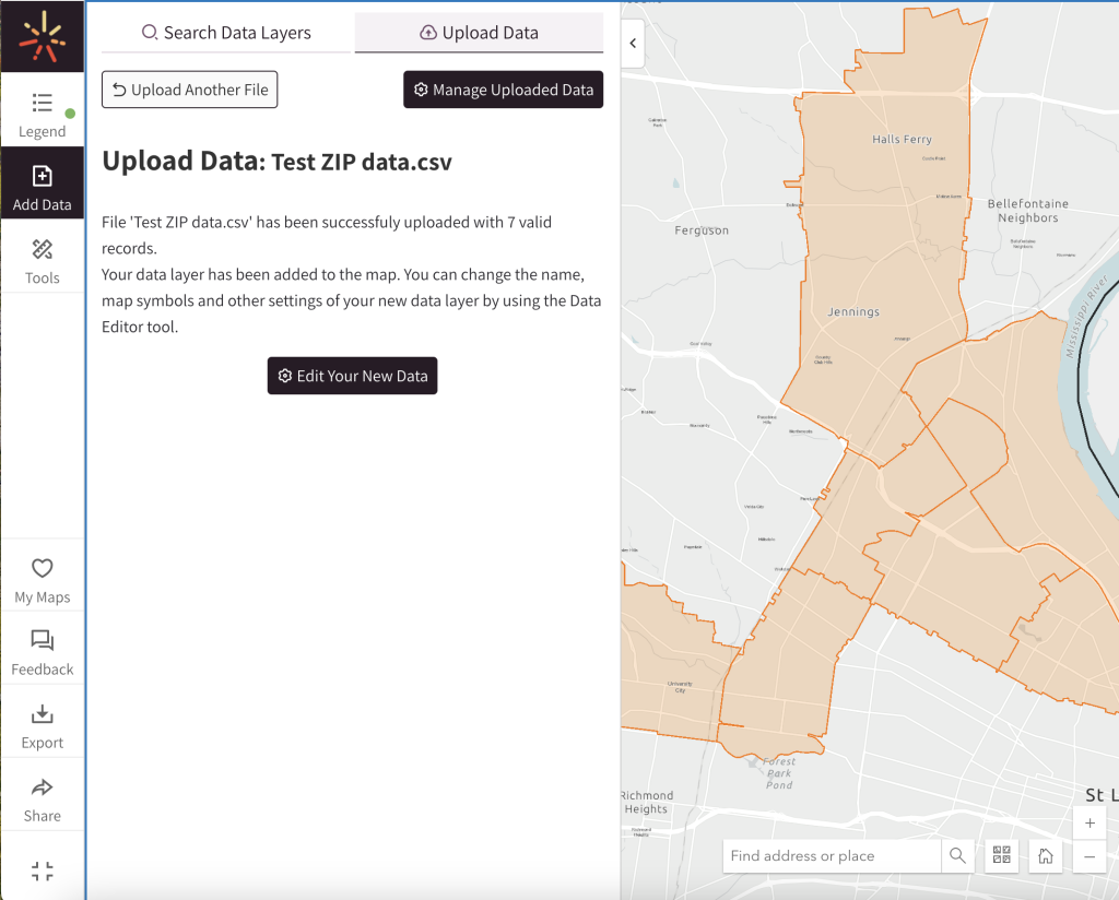 Initial data upload example showing orange shaded areas on the map